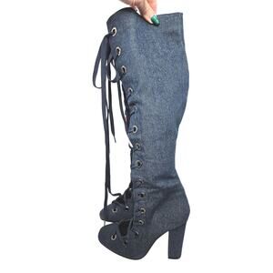 Yoki Millies EUC denim grommet Lace-up knee high tall boots 9 blue